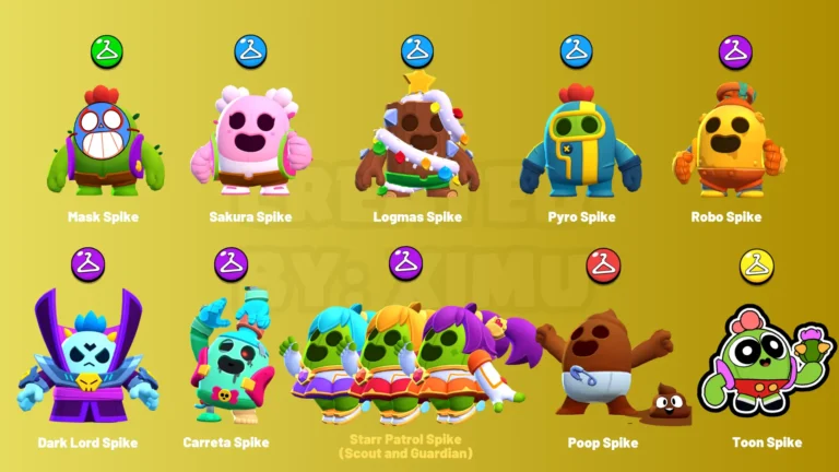 The image shows all of Spike's skins in Brawl Stars.