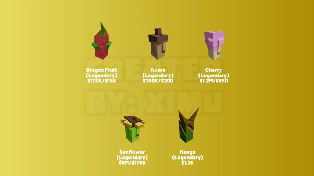 The image shows all the legendary seeds from Grow a Garden 2.